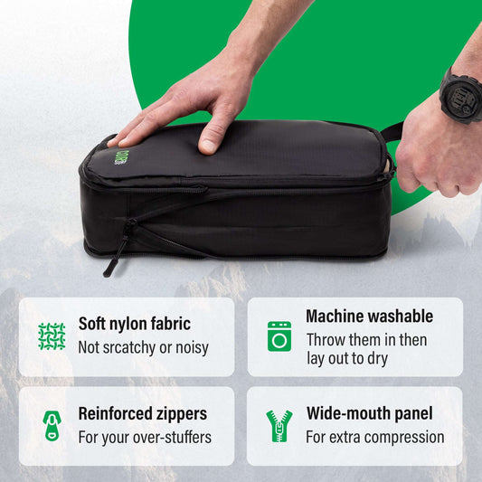 Black compression packing cube with zipper top, held shut for travel packing