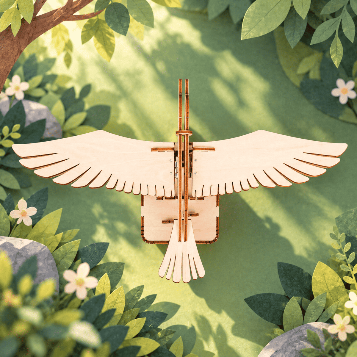 Wooden flapping bird model top view with spread wings and central mechanism