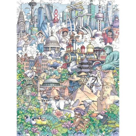 1000-piece jigsaw puzzle artwork, crowded fantasy city with people and machines