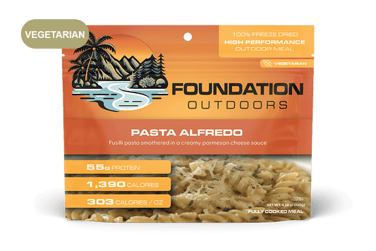 Foundation Outdoors Pasta Alfredo vegetarian meal pouch, front shows protein and calories.