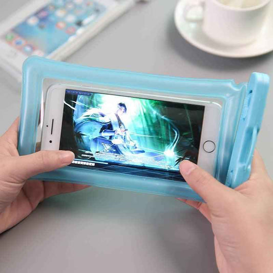 Hands holding a blue waterproof phone pouch with clear window and phone screen visible
