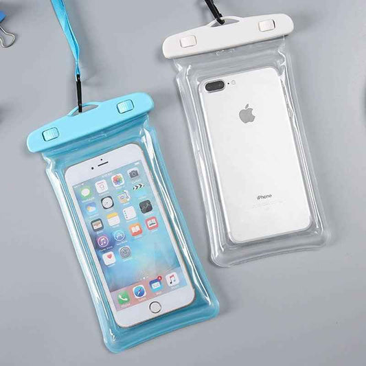 Transparent waterproof phone pouch set, blue and white, with drawstring and phone inside