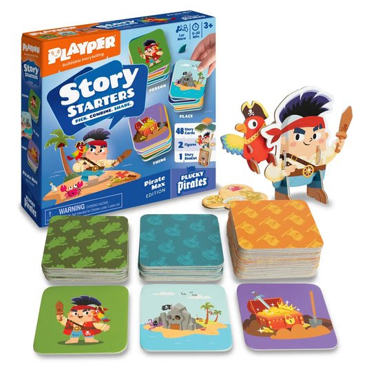 Pirate-themed story starter card set with buildable figure pieces and illustrated decks