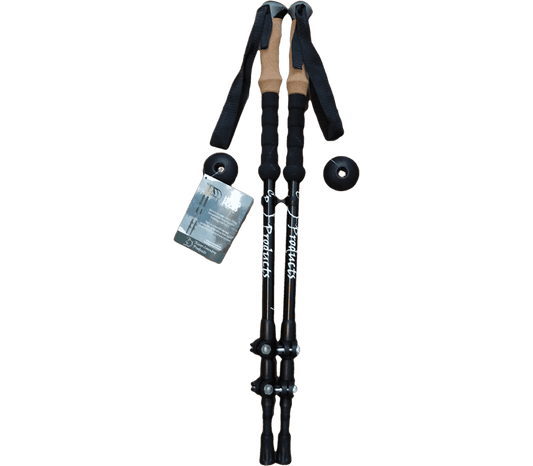 Black adjustable trekking poles with wrist straps, carbide tip and round basket
