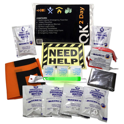 2-day emergency survival kit contents with NEED HELP sign, water pouches, emergency blanket