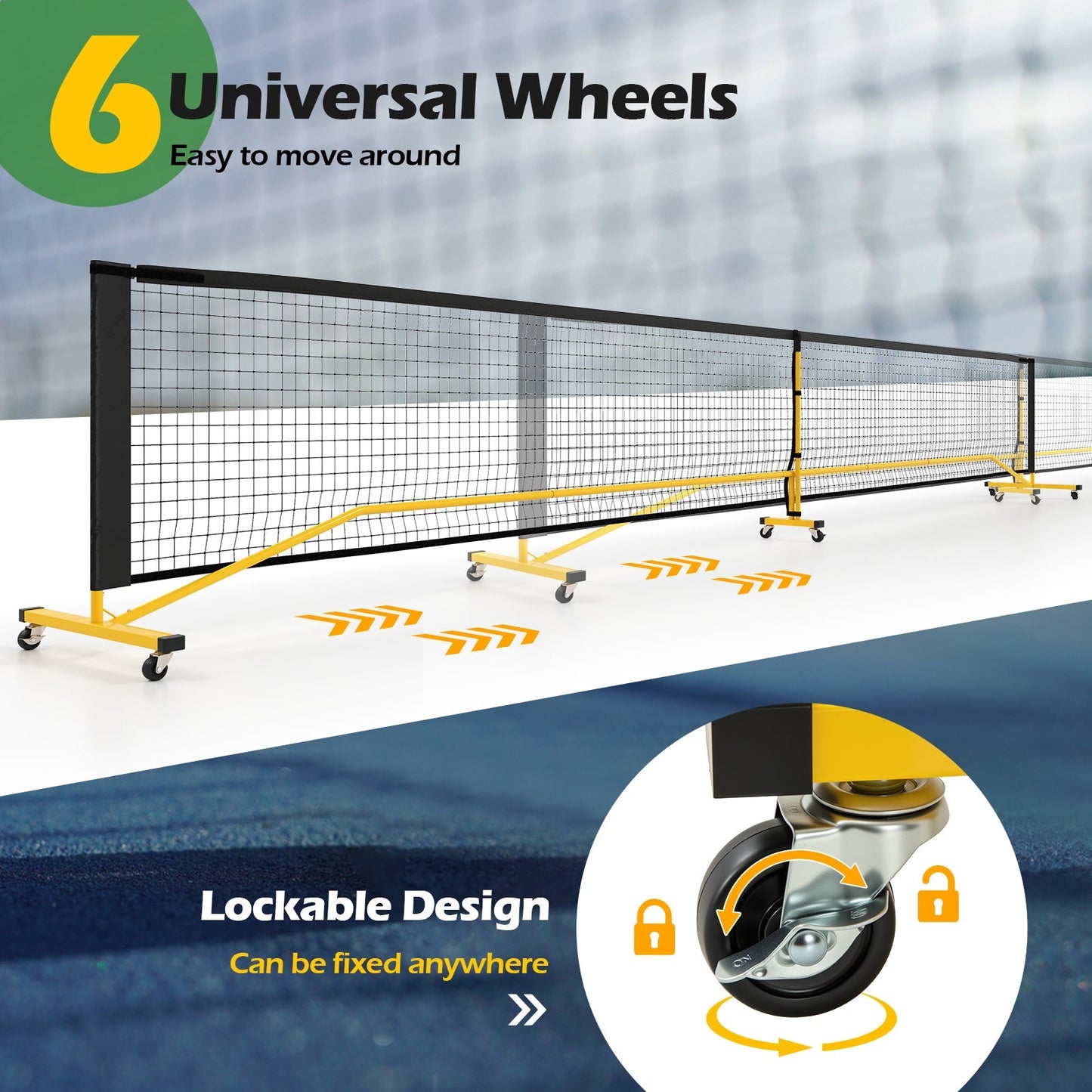 22 FT Portable Pickleball Net | 18-Ply PE | 6 Lockable Wheels | Tool-Free Setup | Carry Bag