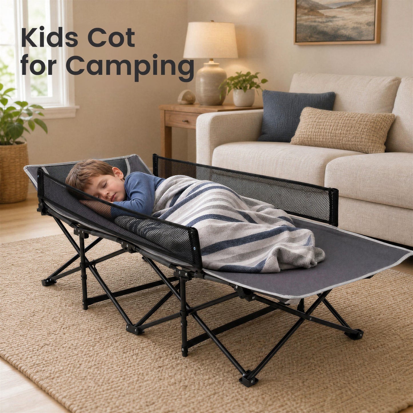 Portable Folding Camping Cot with Guardrail | 330 lb Capacity | Toddlers to Adults | Navy or Gray
