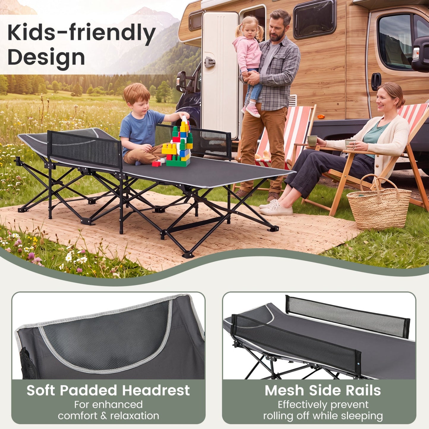 Portable Folding Camping Cot with Guardrail | 330 lb Capacity | Toddlers to Adults | Navy or Gray