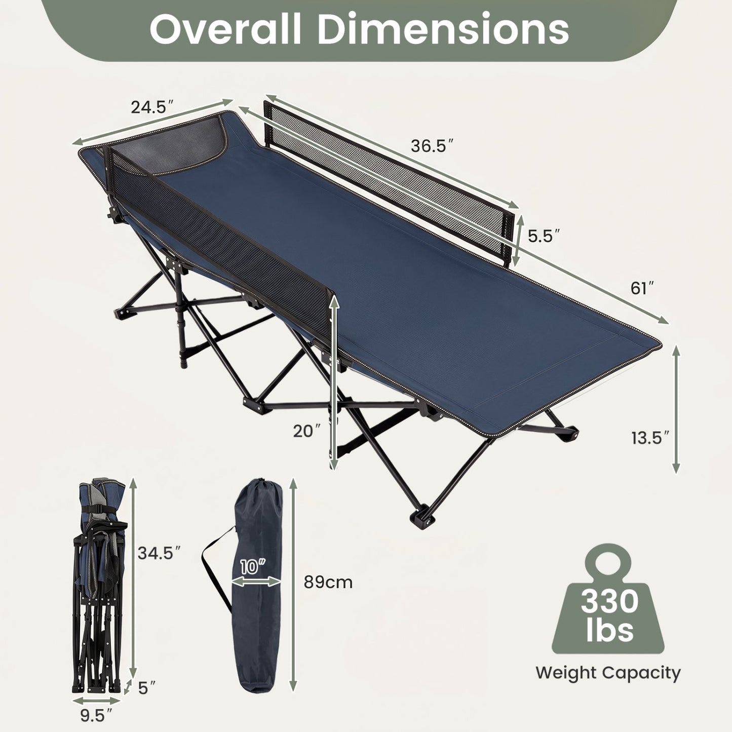 Portable Folding Camping Cot with Guardrail | 330 lb Capacity | Toddlers to Adults | Navy or Gray