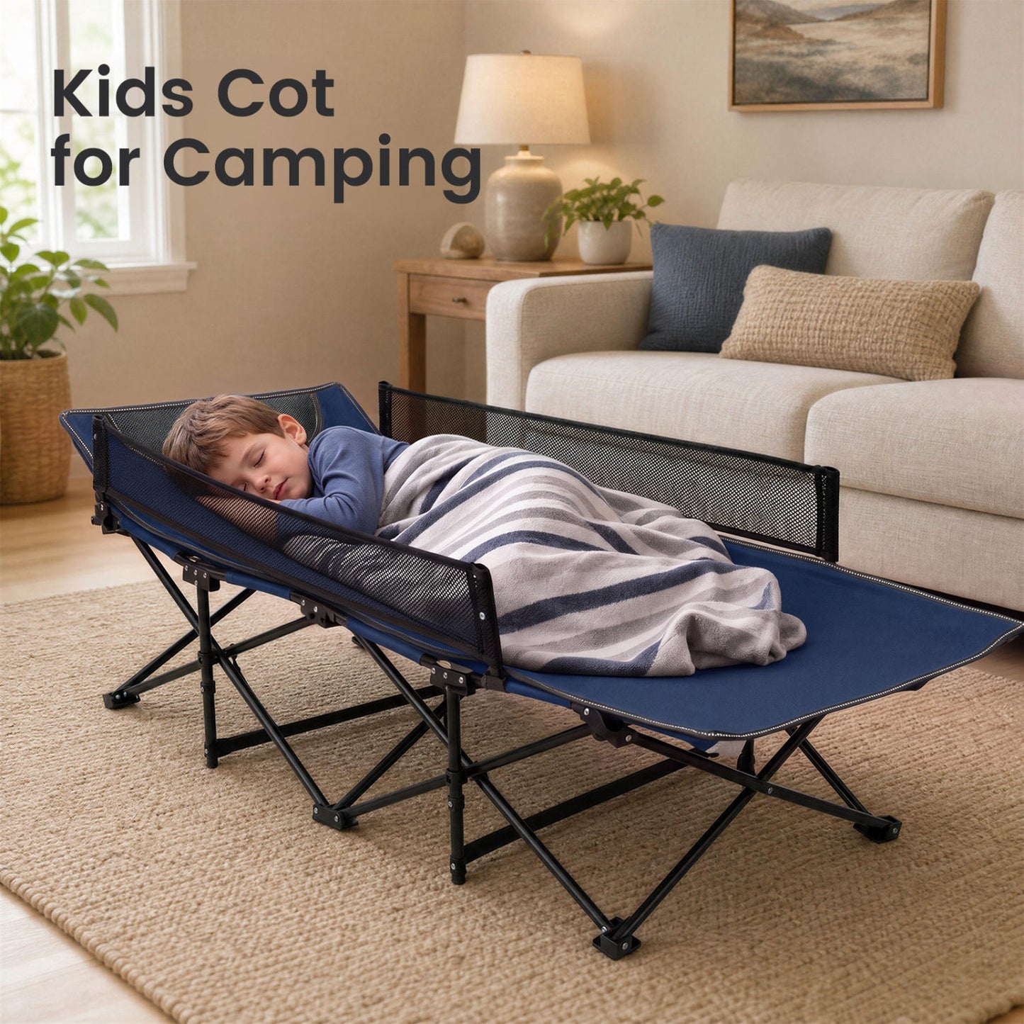 Portable Folding Camping Cot with Guardrail | 330 lb Capacity | Toddlers to Adults | Navy or Gray