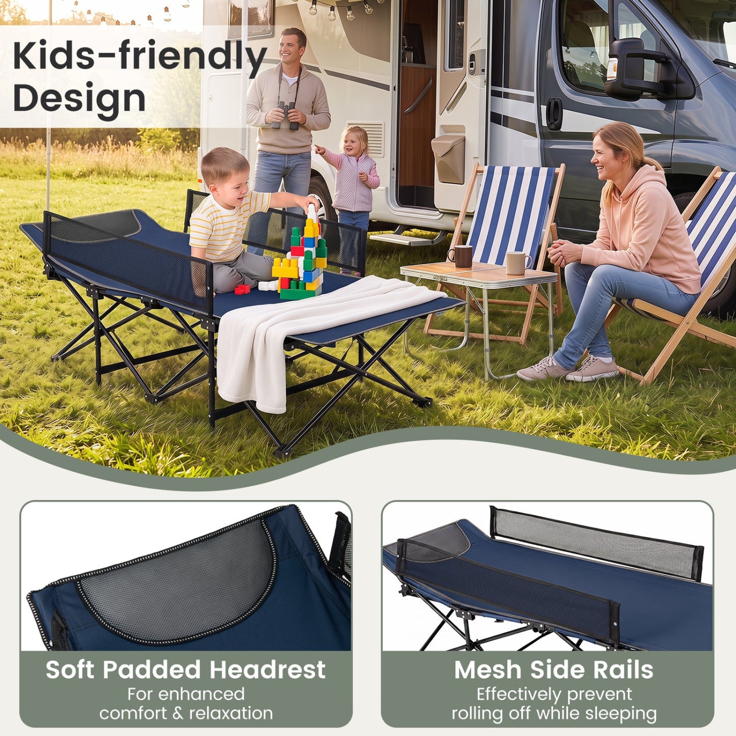 Portable Folding Camping Cot with Guardrail | 330 lb Capacity | Toddlers to Adults | Navy or Gray
