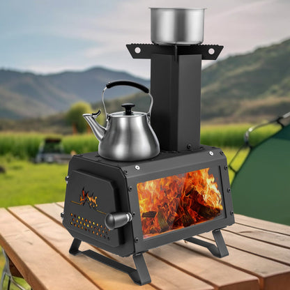 Portable Wood Burning Camp Stove & Heater – 2 Cooking Positions, Glass Window