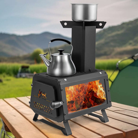 Portable wood burning camp stove with glass window, front flame, and kettle on top