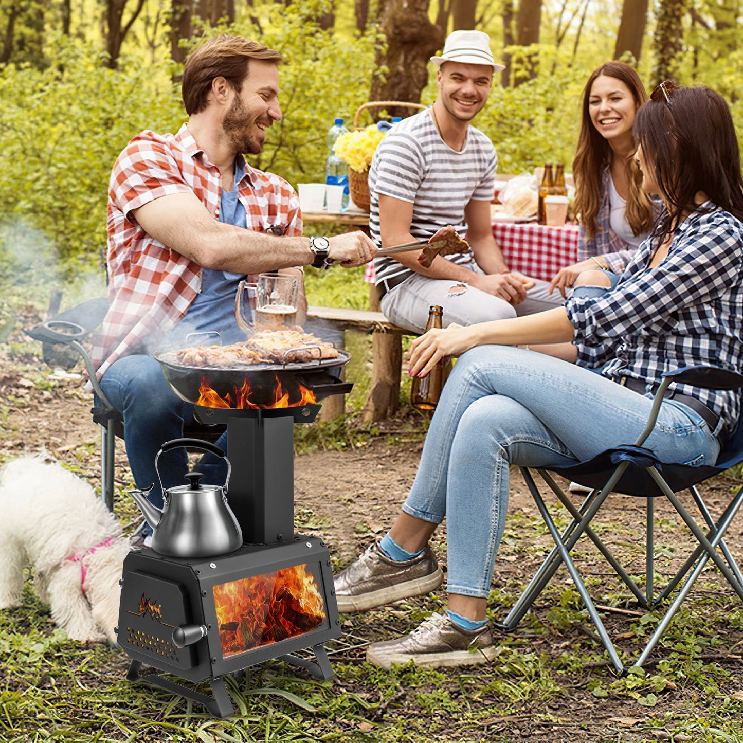 Portable Wood Burning Camp Stove & Heater – 2 Cooking Positions, Glass Window