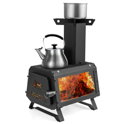 Portable Wood Burning Camp Stove & Heater – 2 Cooking Positions, Glass Window