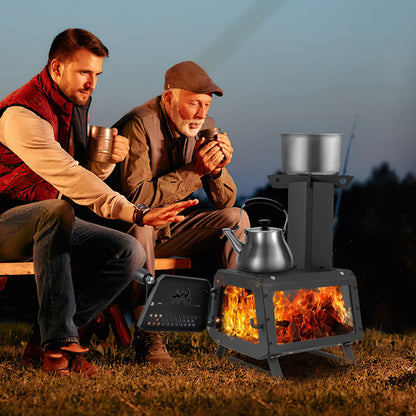 Portable Wood Burning Camp Stove & Heater – 2 Cooking Positions, Glass Window