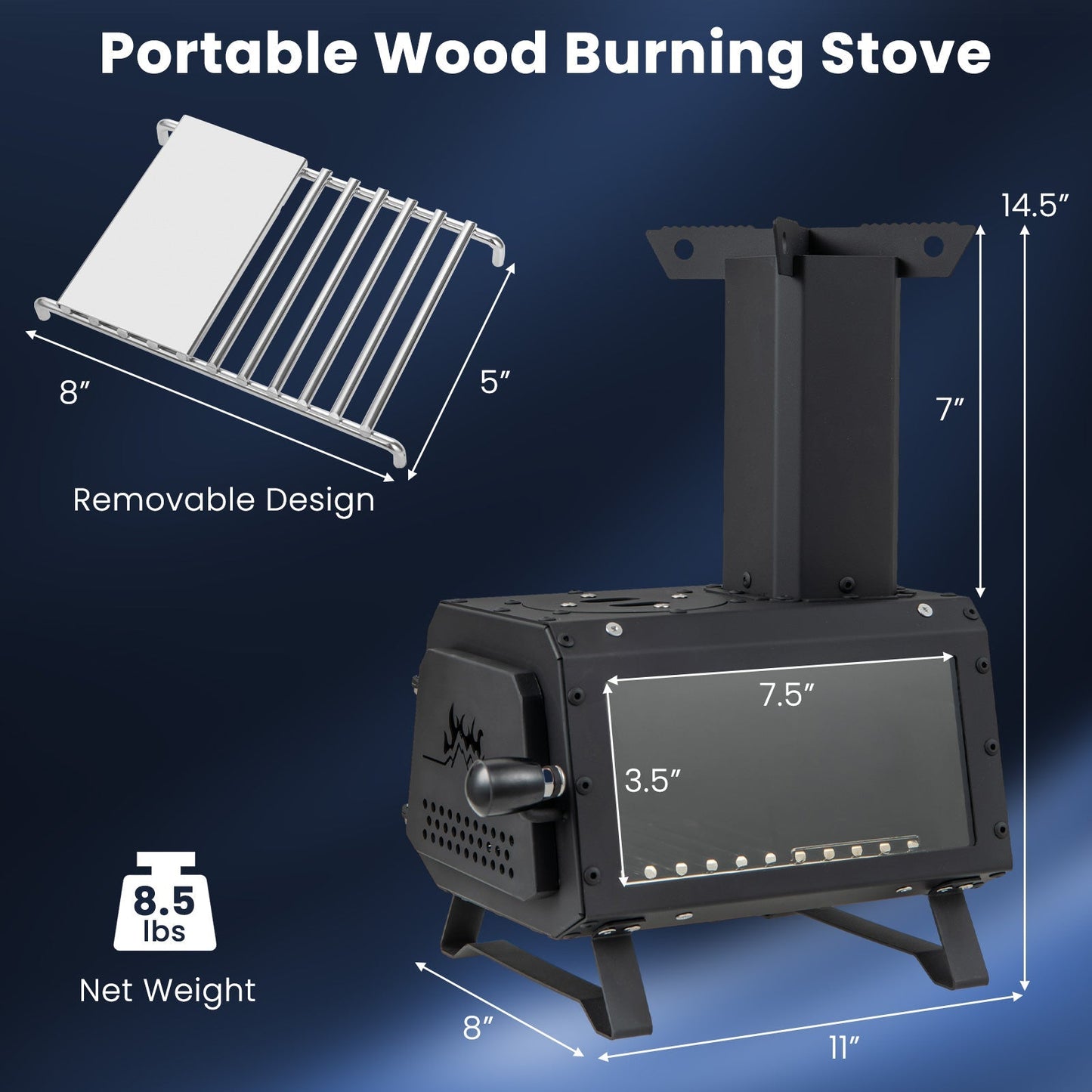 Portable Wood Burning Camp Stove & Heater – 2 Cooking Positions, Glass Window