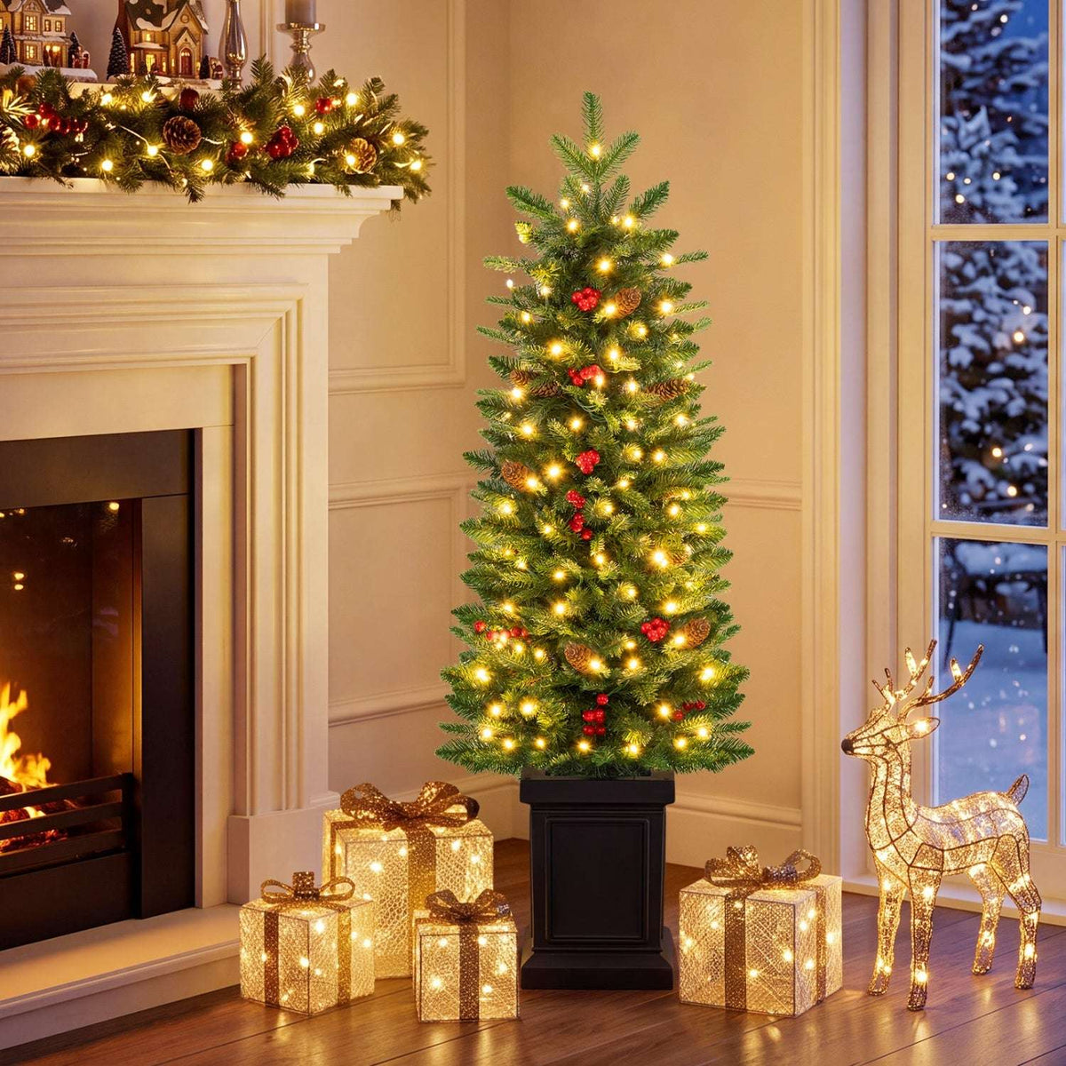 Pre-lit potted Christmas tree with warm white lights and red berry accents