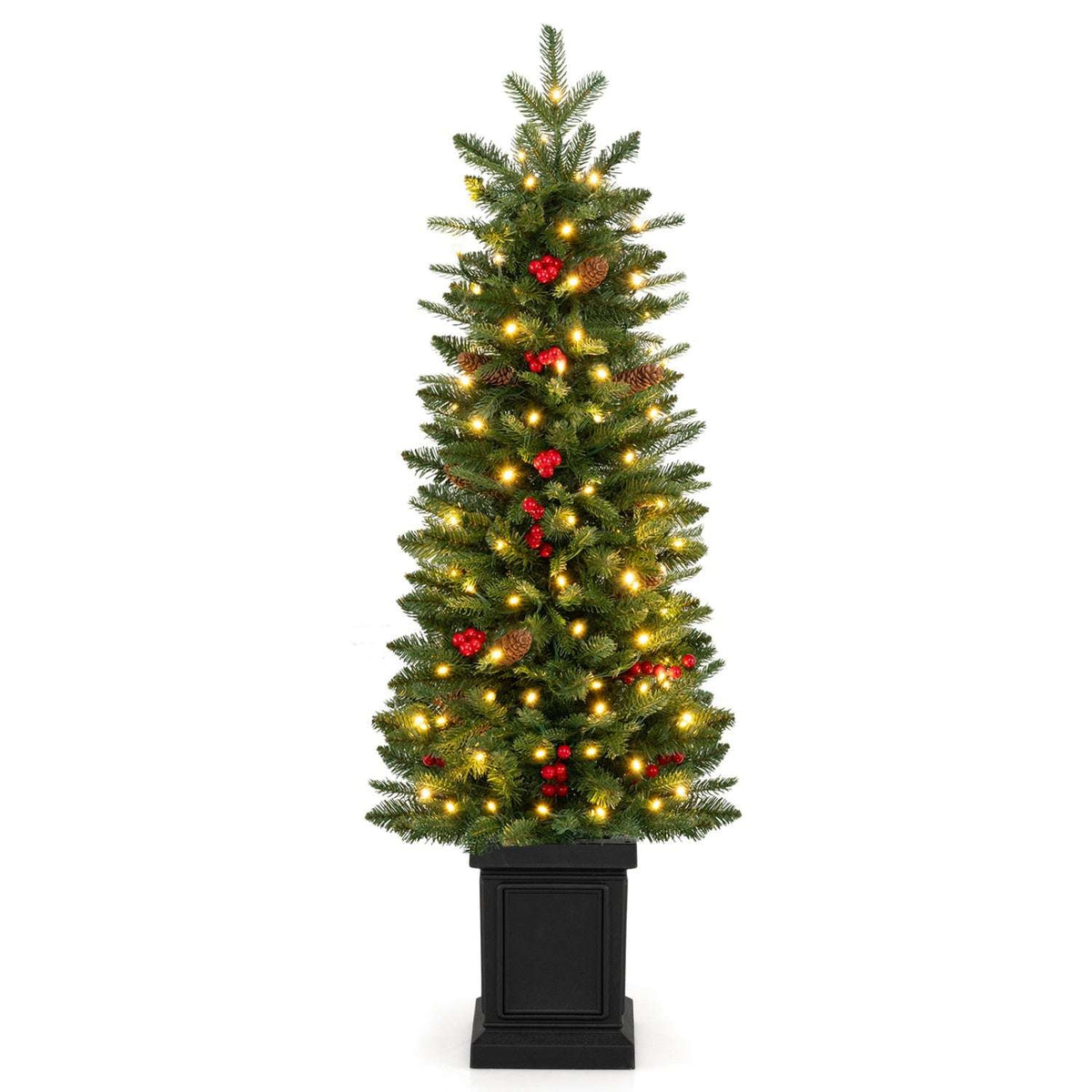 Pre-lit potted Christmas tree with warm white lights and red berry accents