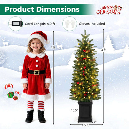 Pre-lit potted Christmas tree with warm white lights, black planter, and 4-foot height