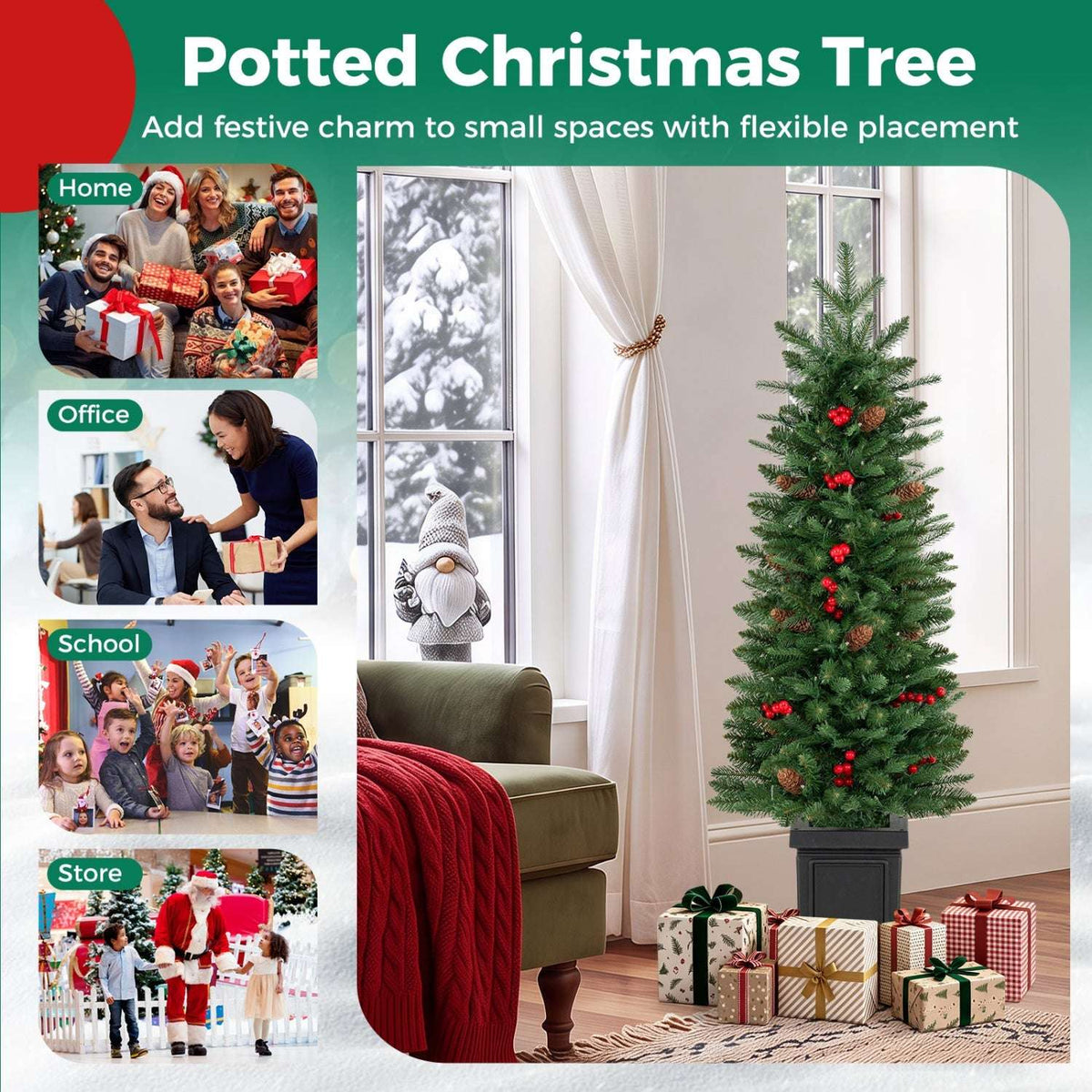 Slim potted Christmas tree with red berries and a black planter