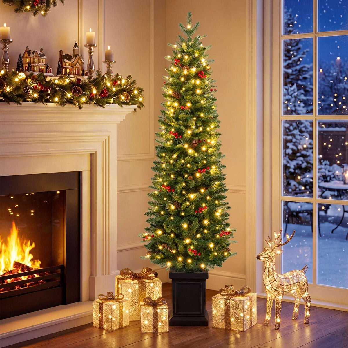 Pre-lit potted Christmas tree with warm white lights and sparse red accents