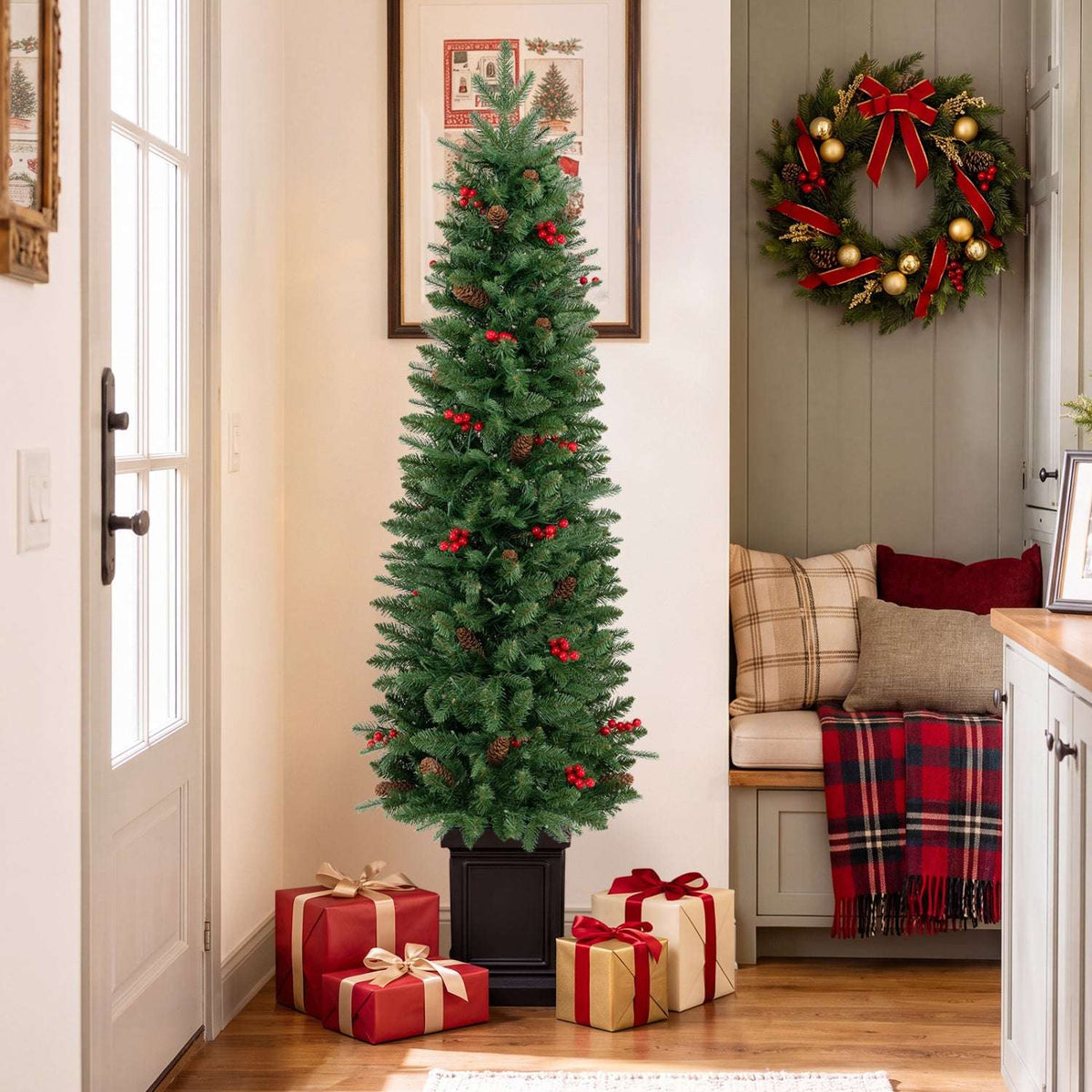 Unlit potted Christmas tree with green branches and red berry accents