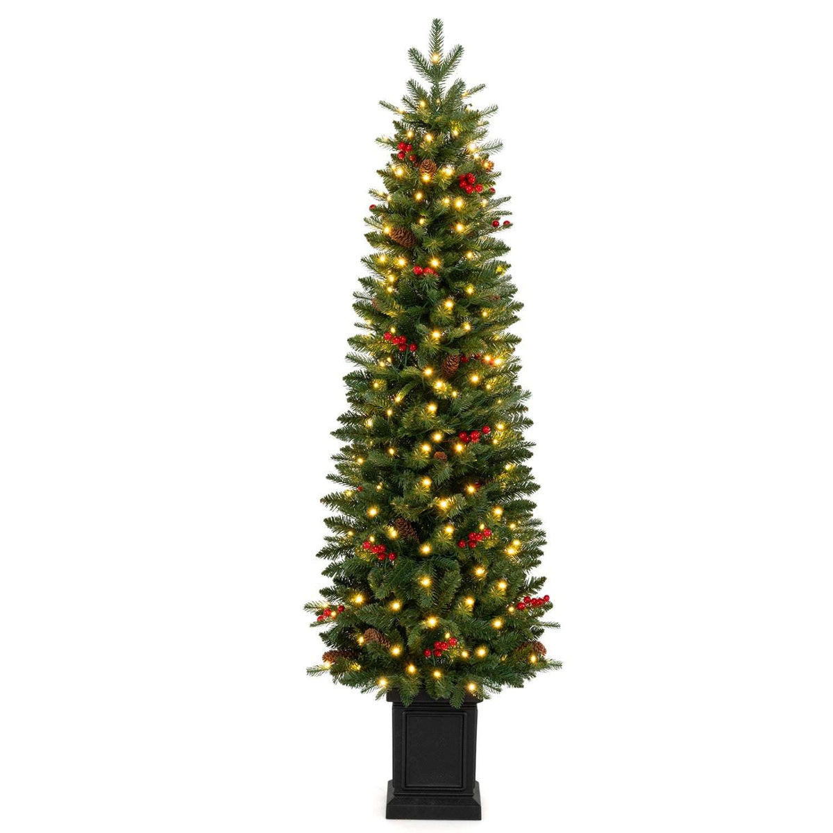 Pre-lit potted Christmas tree with warm white lights and red berry accents