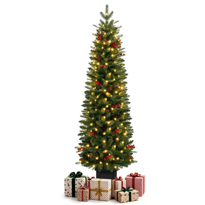 Pre-lit potted Christmas tree with warm white lights and red berry accents, shown with gifts