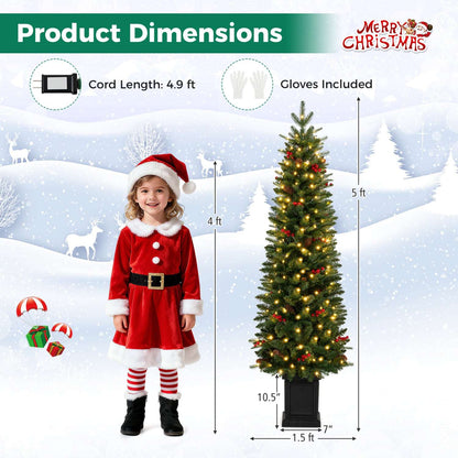 Pre-lit potted Christmas tree with warm white lights and red berries, shown with dimensions