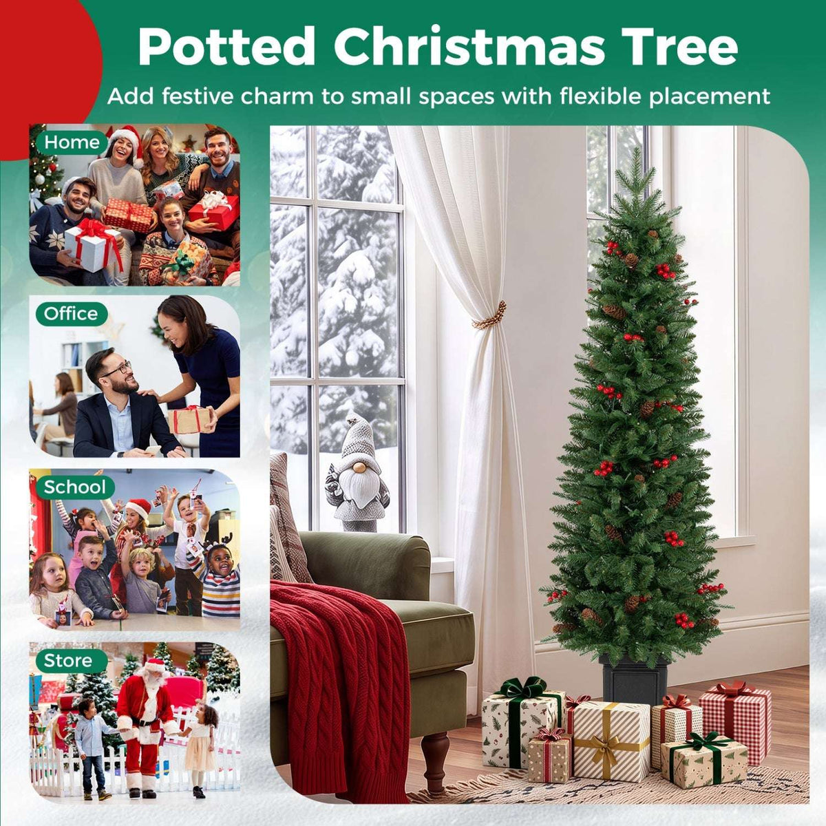 Unlit potted Christmas tree with green branches and red berry accents