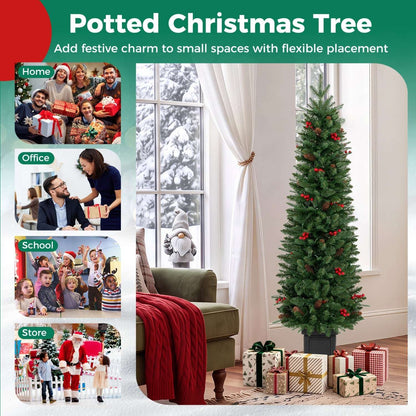 Unlit potted Christmas tree with green branches and red berry accents