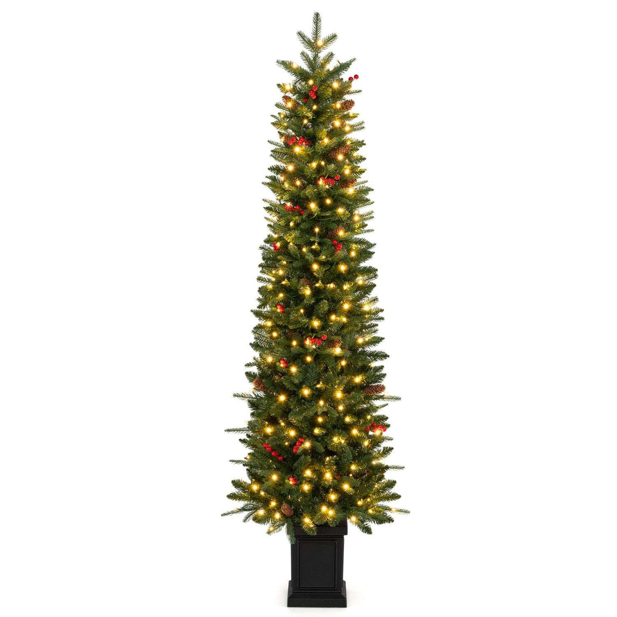 Pre-lit potted Christmas tree with warm white lights and red berry accents