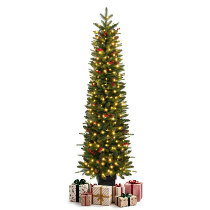 Pre-lit potted Christmas tree with warm white lights, shown with gift boxes
