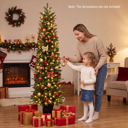 Pre-lit potted Christmas tree with warm white lights, shown beside a family