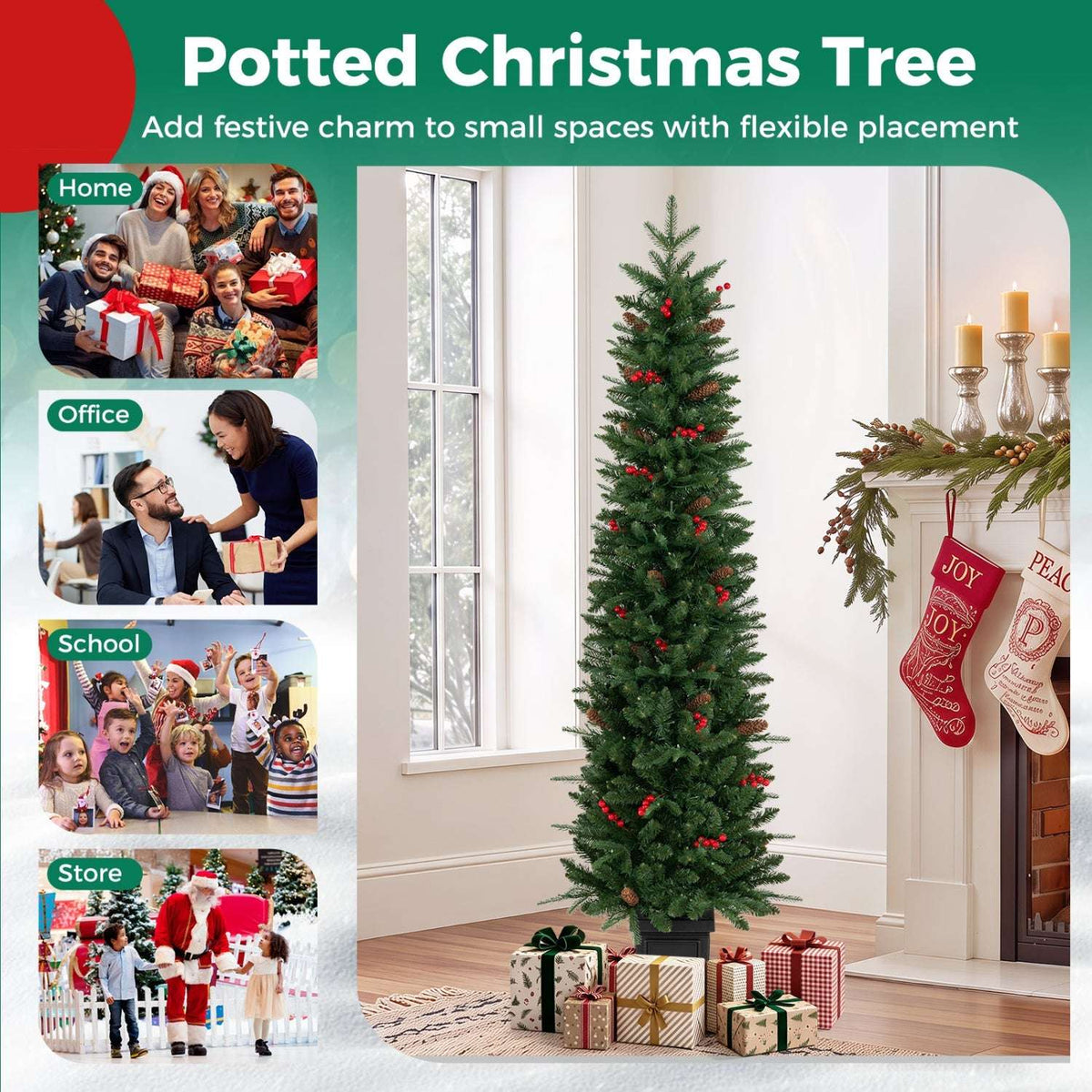 Potted Christmas tree with red berry accents in a black planter