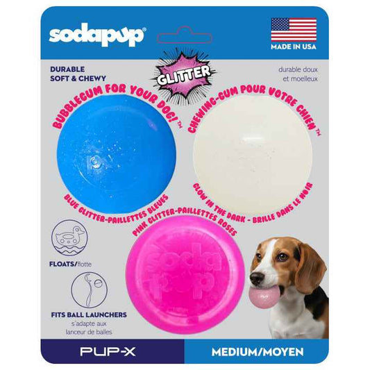 3-pack glitter ball dog toys in blue, pink, and green on retail package