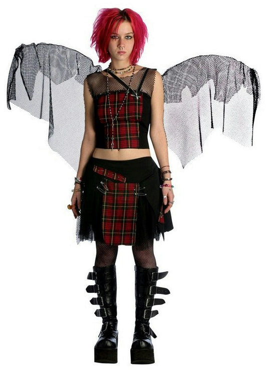 Punk Fairy Adult Costume - Plaid Top, Skirt & Wings Size 8-10