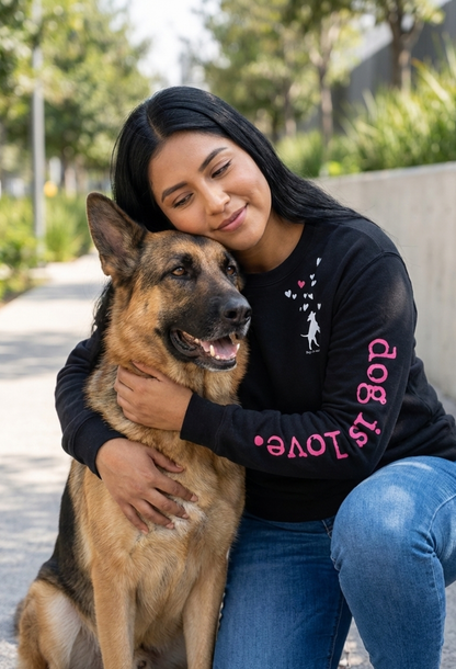 Dog is Good — Dog is Love Crewneck Fleece | Black | Puppy & Hearts Neckline + Sleeve Art | S–2XL
