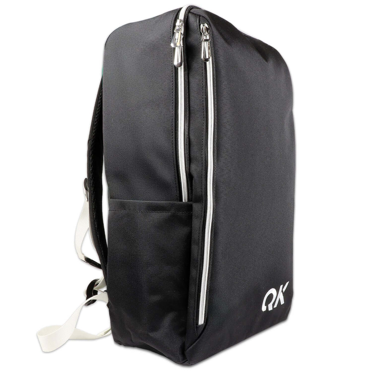 Stealth black survival kit backpack side view with long zipper and logo