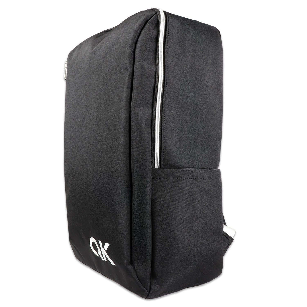 Stealth black survival kit backpack angled view with front logo and top handle