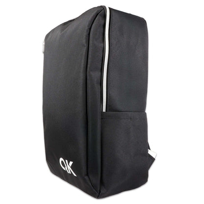 Stealth black survival kit backpack angled view with front logo and top handle