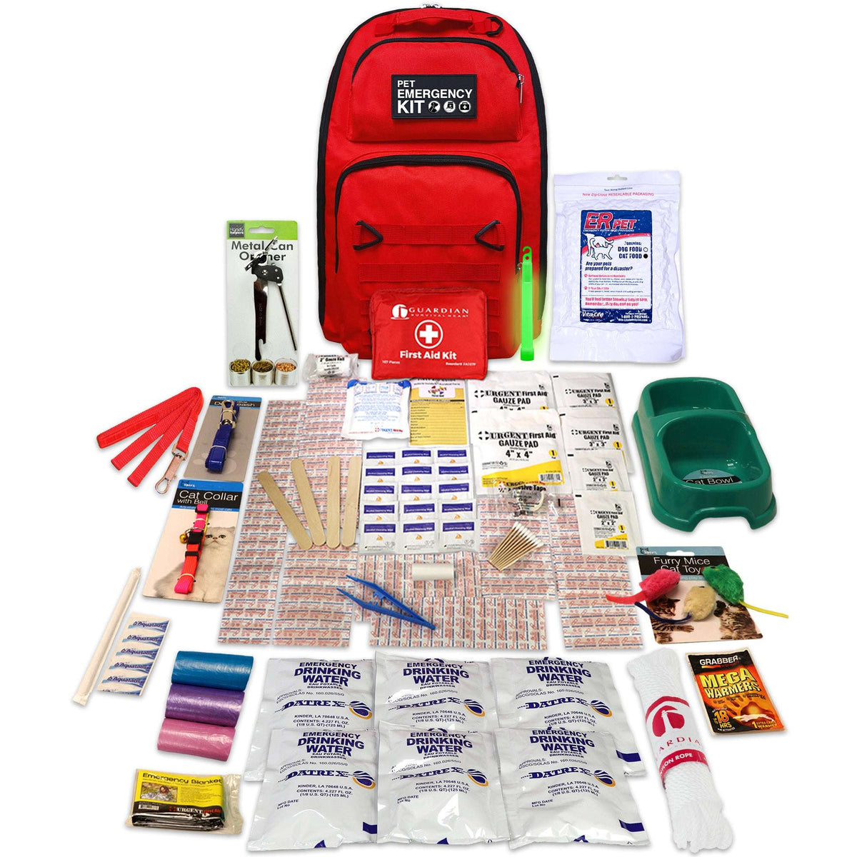 Red emergency cat survival kit backpack with assorted supplies laid out