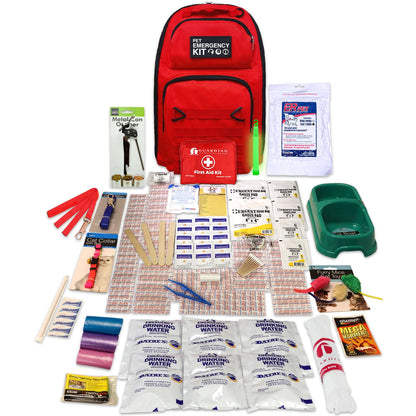 Red emergency cat survival kit backpack with assorted supplies laid out