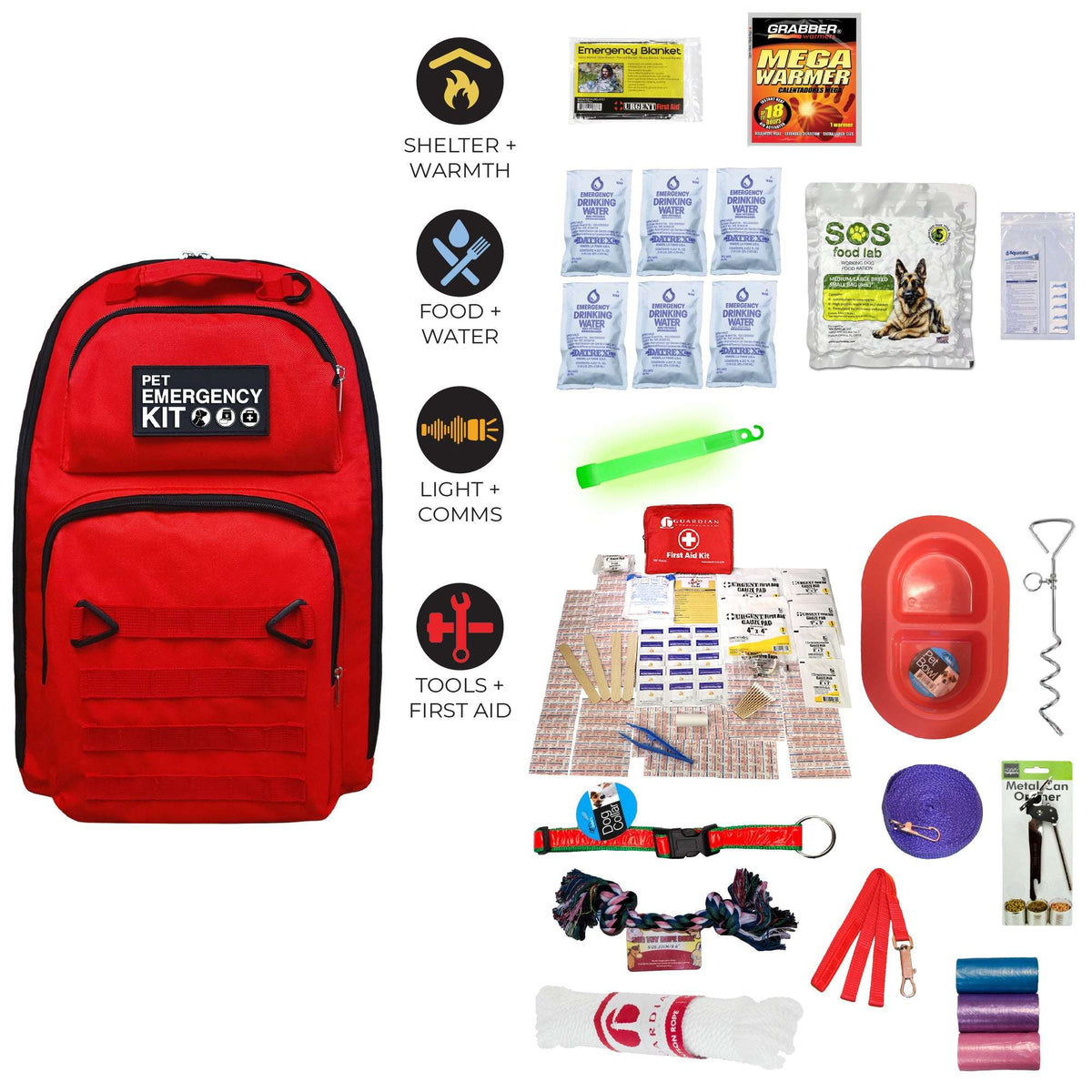 Red pet emergency kit backpack with water packets, food pouches, light, and first-aid items