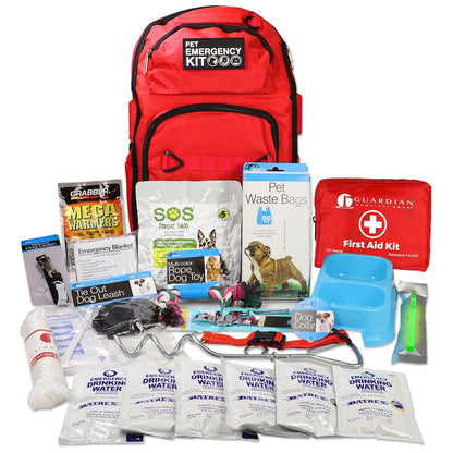 Red pet emergency kit backpack with first-aid pouch, waste bags, water and food supplies