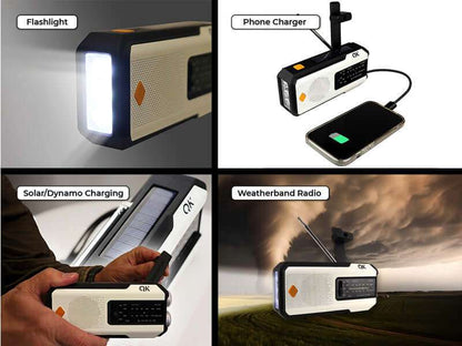 White emergency power radio with flashlight, phone charger, and solar/dynamo charging