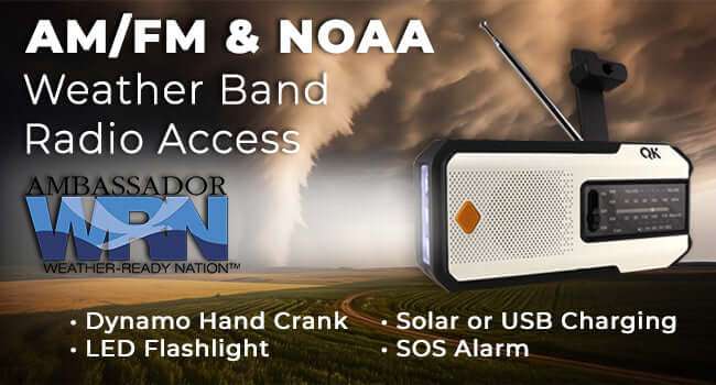 Portable weatherband radio with built-in LED flashlight, solar/USB charging, SOS alarm