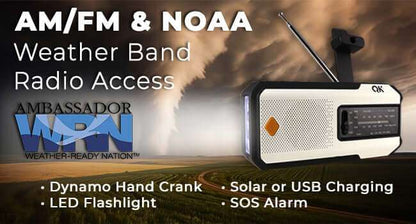 Portable weatherband radio with built-in LED flashlight, solar/USB charging, SOS alarm
