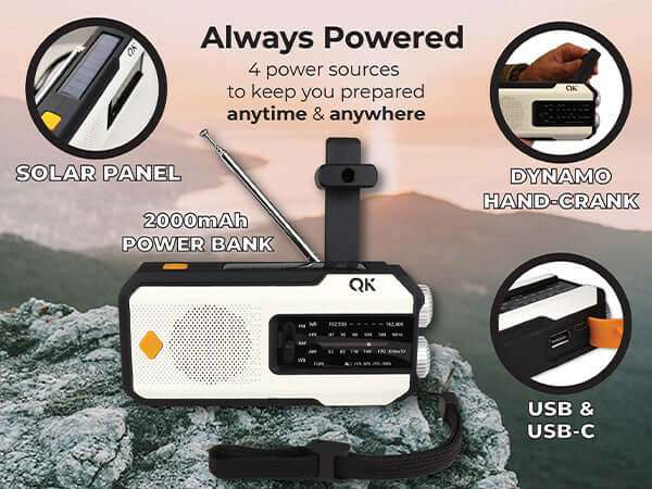 Emergency power radio with solar panel and hand-crank charging, plus USB ports